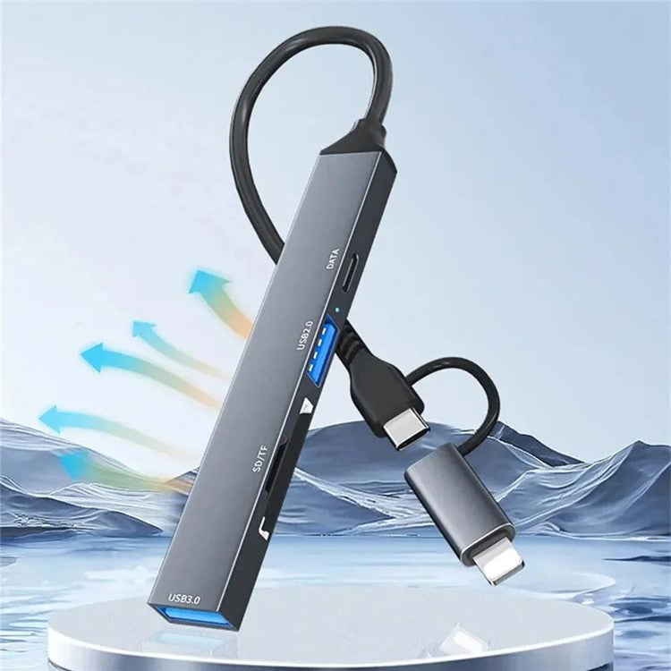 ADS-805 Type-C+Lightning Hub Expansion Converter to USB-C Data+USB 2.0+USB 3.0+2 Card Reader Slots