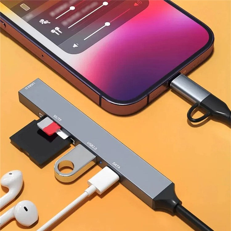 ADS-805 Type-C+Lightning Hub Expansion Converter to USB-C Data+USB 2.0+USB 3.0+2 Card Reader Slots