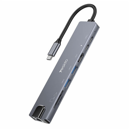 YESIDO HB27 8-in-1 USB Hub Docking Station Type-C to 2xUSB3.0 + USB-C3.0 Data + PD 100W + RJ45 + SD / TF + 4K HD Adapter