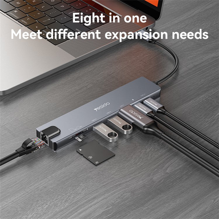 YESIDO HB27 8-in-1 USB Hub Docking Station Type-C to 2xUSB3.0 + USB-C3.0 Data + PD 100W + RJ45 + SD / TF + 4K HD Adapter