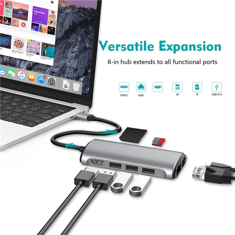 FX-1926B 8 in 1 Type-C Hub Dongle with HDMI 4K@60Hz / RJ45 Ethernet / 100W Power Delivery / SD / TF Card Reader