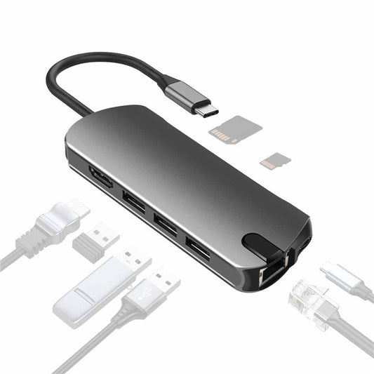 FX-1916 Type-C HUB 8 in 1 USB-C Adapter with 4K@30Hz HDMI  /  100W PD USB C Port  /  USB 3.0  /  RJ45 Ethernet  /  SD  /  TF Card Reader Docking Station