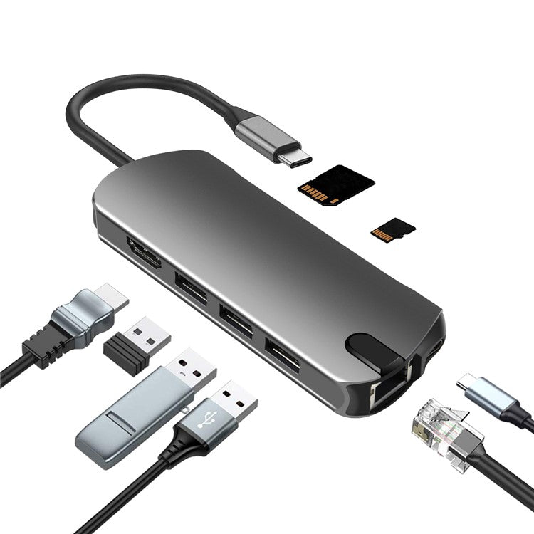 FX-1916 Type-C HUB 8 in 1 USB-C Adapter with 4K@30Hz HDMI  /  100W PD USB C Port  /  USB 3.0  /  RJ45 Ethernet  /  SD  /  TF Card Reader Docking Station