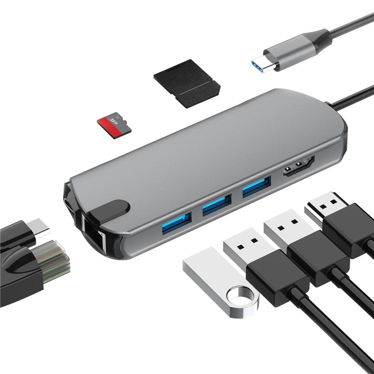 FX-1916 Type-C HUB 8 in 1 USB-C Adapter with 4K@30Hz HDMI  /  100W PD USB C Port  /  USB 3.0  /  RJ45 Ethernet  /  SD  /  TF Card Reader Docking Station