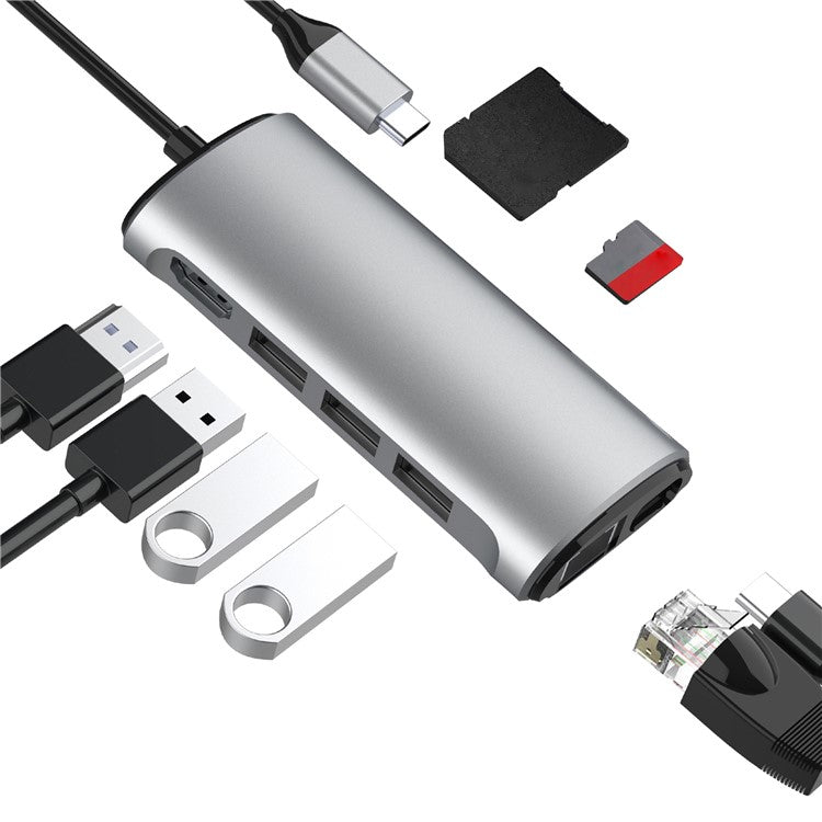 FX-1926 8-in-1 Type-C Hub with 4K HD, Gigabit Ethernet, 3x USB 3.0 Ports, SD / TF Card Reader