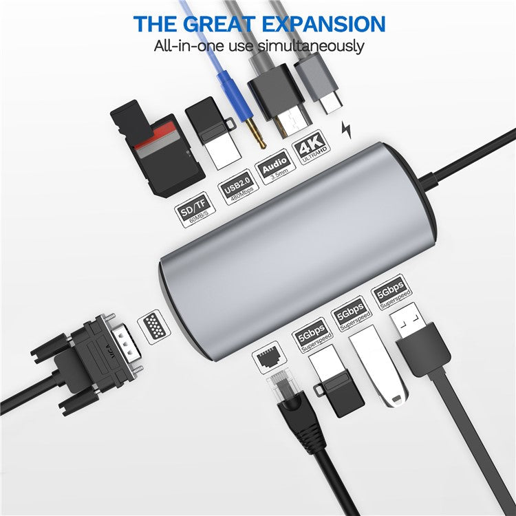 1928 11-in-1 Docking Station Type-C to USB-C + USB2.0 + 3xUSB3.0 + SD / TF Card Slot + 3.5mm + 4K HD + VGA + RJ45 USB Hub Adapter