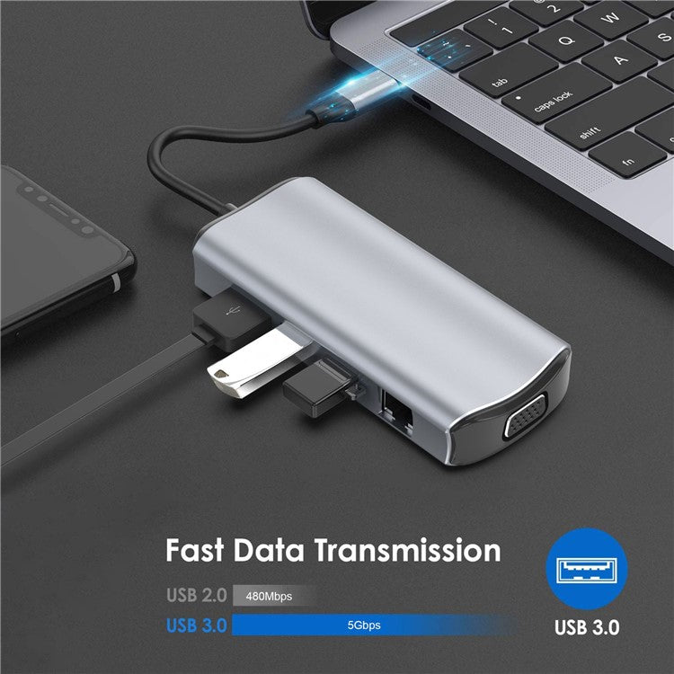 1928 11-in-1 Docking Station Type-C to USB-C + USB2.0 + 3xUSB3.0 + SD / TF Card Slot + 3.5mm + 4K HD + VGA + RJ45 USB Hub Adapter