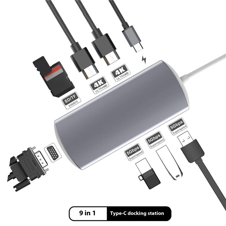 9-in-1 USB Hub Type-C to USB-C + 3xUSB3.0 + SD / TF Card Slot + 2xHD + VGA Adapter Docking Station