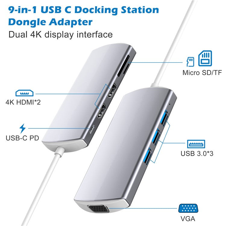 9-in-1 USB Hub Type-C to USB-C + 3xUSB3.0 + SD / TF Card Slot + 2xHD + VGA Adapter Docking Station