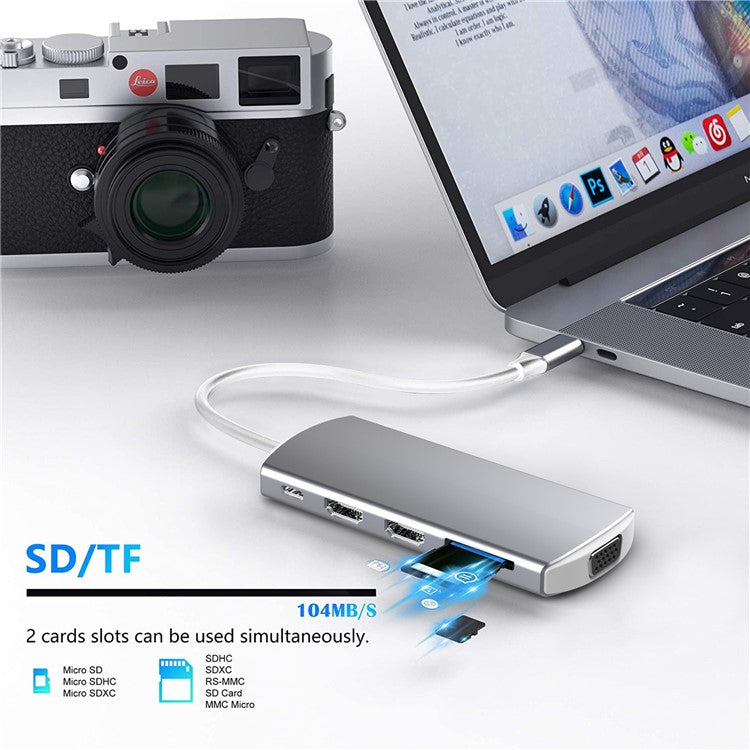 9-in-1 USB Hub Type-C to USB-C + 3xUSB3.0 + SD / TF Card Slot + 2xHD + VGA Adapter Docking Station