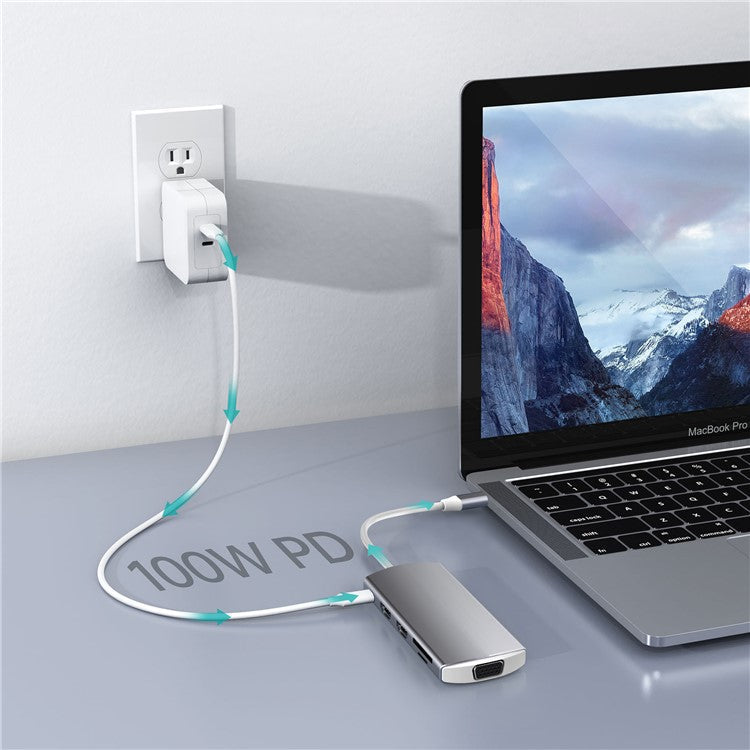 9-in-1 USB Hub Type-C to USB-C + 3xUSB3.0 + SD / TF Card Slot + 2xHD + VGA Adapter Docking Station
