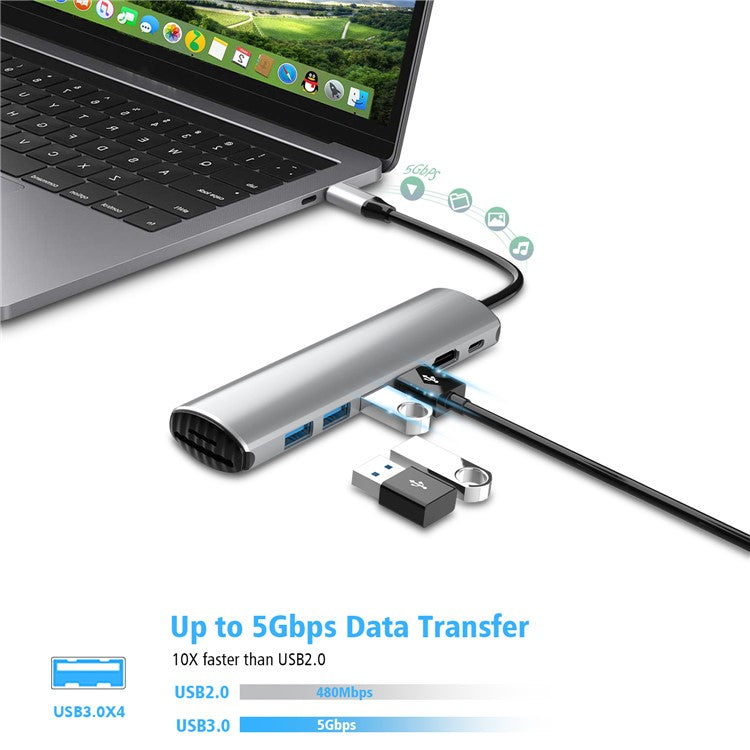 FX-1919H 8-in-1 USB Hub Docking Station Type-C to USB-C + 4xUSB3.0 + SD / TF Slot + 4K HD Adapter
