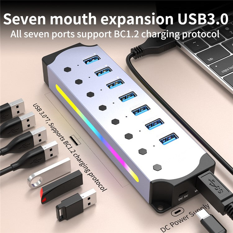 YX-H307 7 Port USB 3.0 Hub with Individual On / Off Switches and Lights 5Gbps Data Transfer for Laptop  /  PC