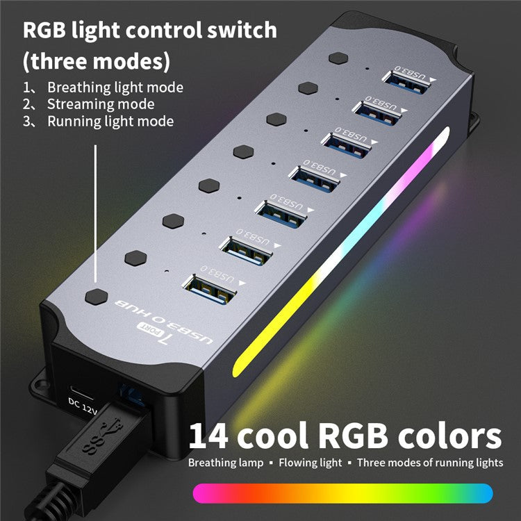 YX-H307 7 Port USB 3.0 Hub with Individual On / Off Switches and Lights 5Gbps Data Transfer for Laptop  /  PC