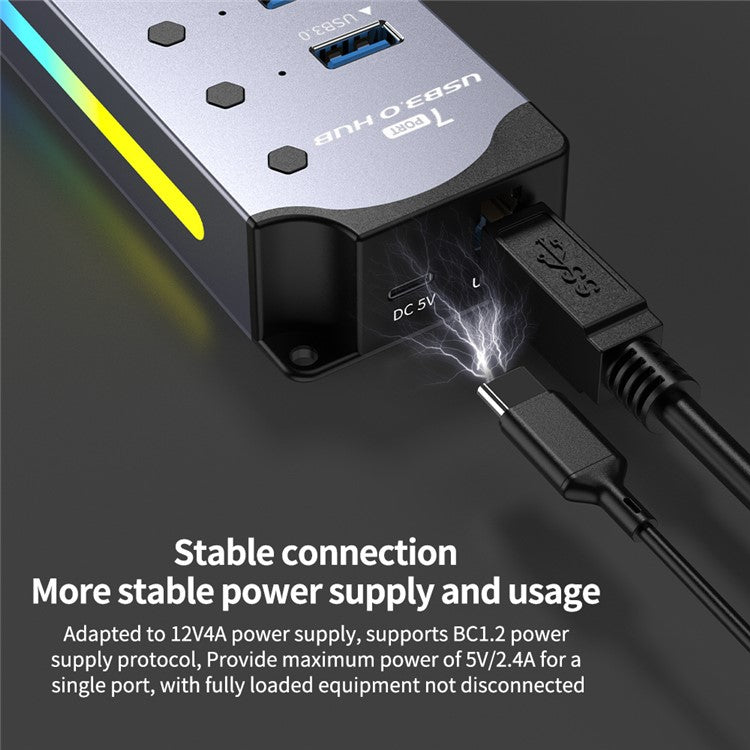 YX-H307 7 Port USB 3.0 Hub with Individual On / Off Switches and Lights 5Gbps Data Transfer for Laptop  /  PC