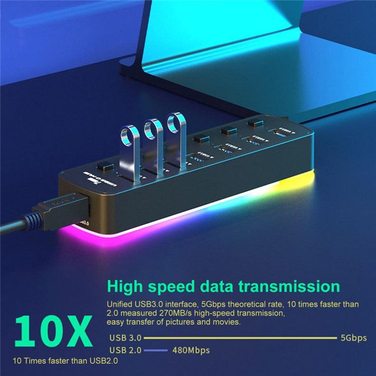 U307 7-Port USB 3.0 Hub Splitter with Individual Switches and 14 RGB Lighting Modes for Computer TV