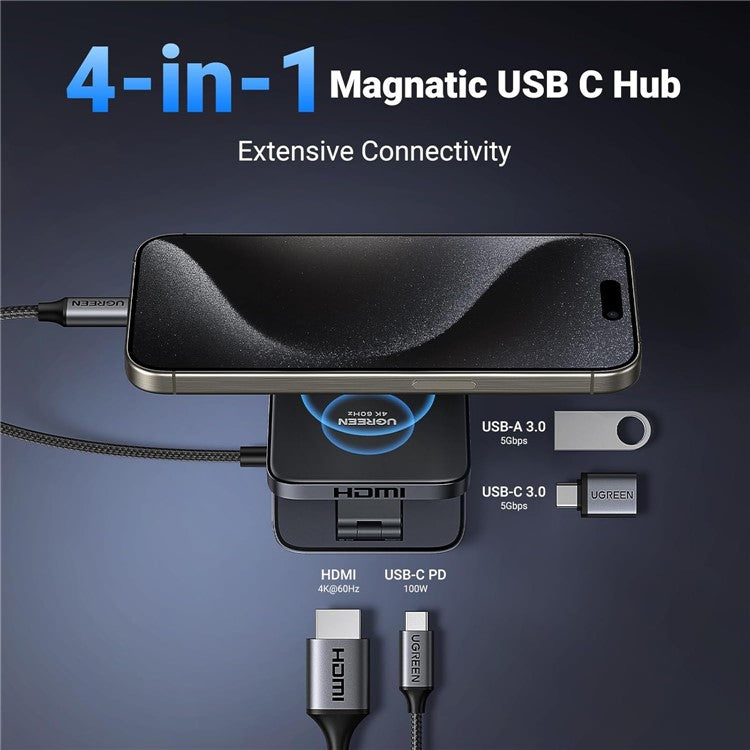UGREEN USB C 4-in-1 Foldable Hub 4K 60Hz HDMI PD 100W USB 3.0 Docking Station For iPhone 15  /  16 Android Laptops