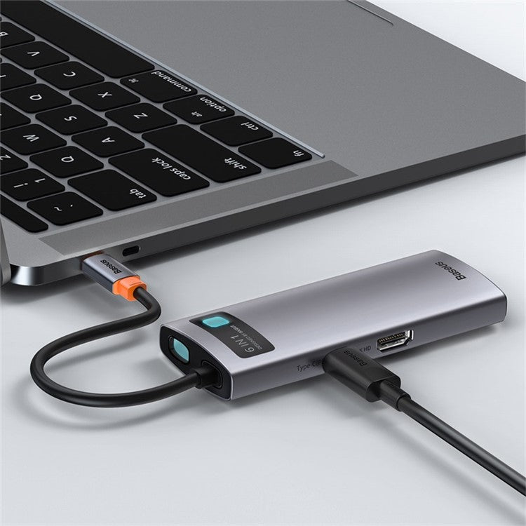 BASEUS Metal Gleam Series 6-in-1 Type-C Hub Multi-functional Docking Station Compatible with Laptops Mobile Phones Support USB 3.0 5Gbps Transmission - Dark Grey