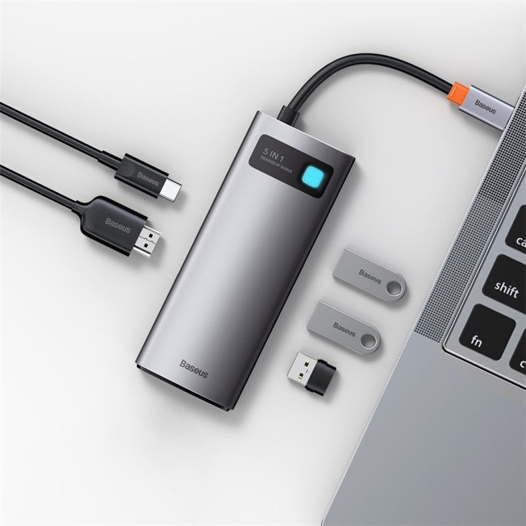 BASEUS Metal Gleam Series Multi Ports Type-C HUB 5-in-1 Docking Station Support 4K HD/5Gbps - Dark Grey
