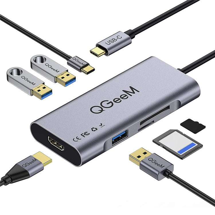 QGEEM QG-UH07-3 7-in-1 Type-C Docking Station Multi-Port USB-C Hub Support HD Compatible Chromebook Thunderbolt 3