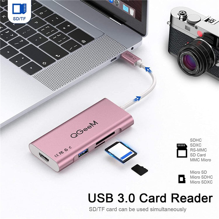 QGEEM QG-UH07-6 Multi-functional USB-C Hub 7 in 1 Type-C Docking Station Support HD 4K PD100W SD/TF Card Reader