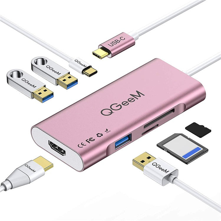 QGEEM QG-UH07-6 Multi-functional USB-C Hub 7 in 1 Type-C Docking Station Support HD 4K PD100W SD/TF Card Reader