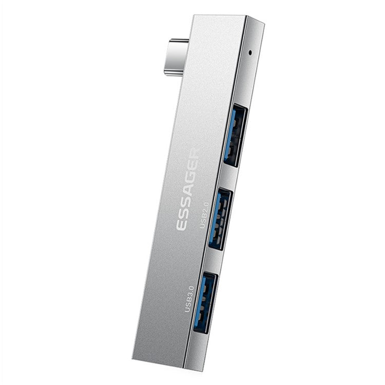 ESSAGER 3-in-1 USB Hub Splitter 1 USB3.0 + 2 USB2.0 Ports Aluminum Alloy Adapter for Type-C Tablet Laptop - Silver