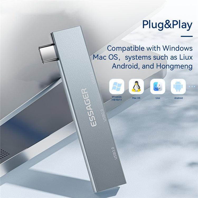 ESSAGER 3-in-1 USB Hub Splitter 1 USB3.0 + 2 USB2.0 Ports Aluminum Alloy Adapter for Type-C Tablet Laptop - Silver