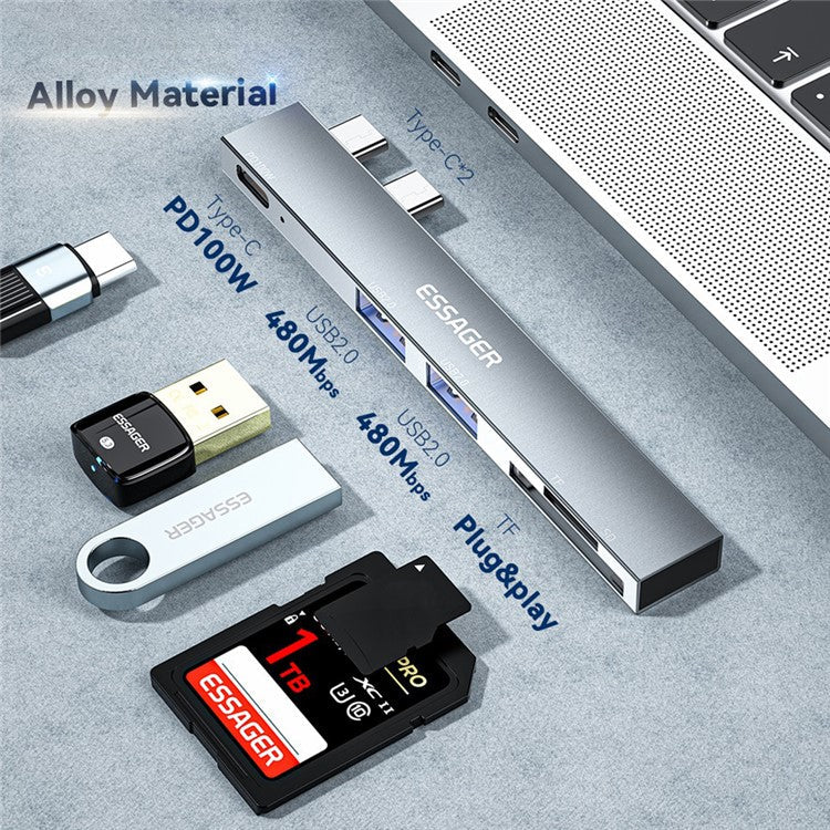 ESSAGER For MacBook Laptop 5-Port Type-C Hub Dock Adapter to PD 100W Fast Charging+2xUSB 2.0+2 Card Reader Slots - Silver