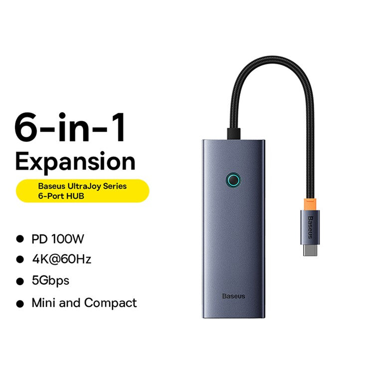BASEUS UltraJoy Series Portable Docking Station 6 Port Hub (Type-C to HD 4K@60Hz*1+USB 3.0*4+PD*1) - Space Grey