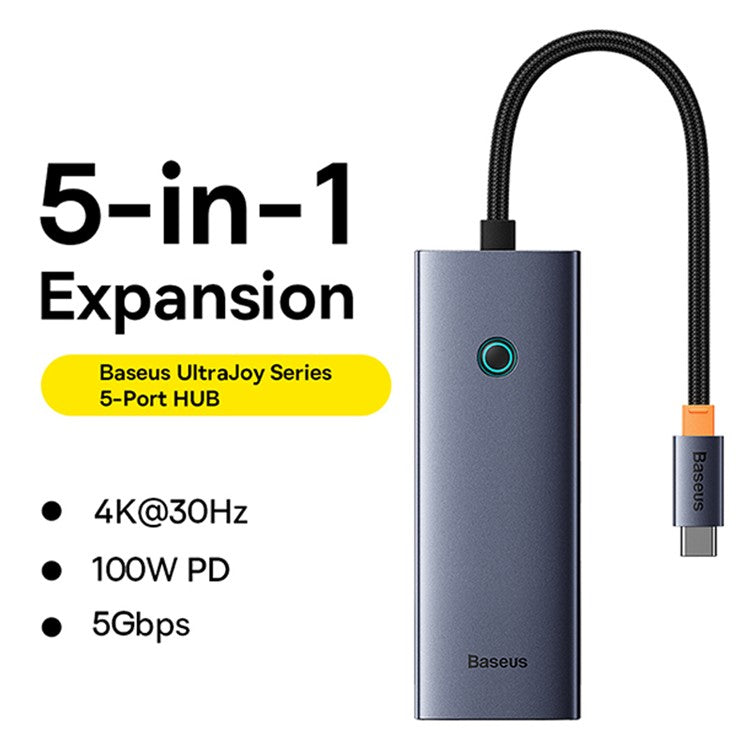 BASEUS UltraJoy Series 5 Port Docking Station Type-C Hub (Type-C to HD 4K@30Hz*1+USB 3.0*3+PD*1) - Space Grey