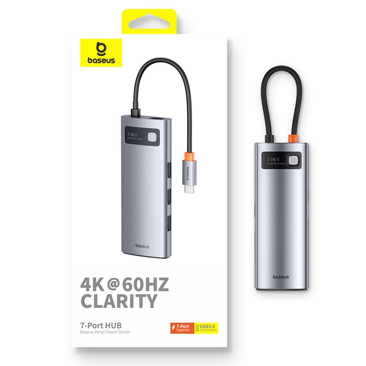 BASEUS Metal Gleam Series 7-Port Type-C Hub Adapter USB-C to HD 4K / 60Hz+3 USB3.0+PD+SD / TF Mini Docking Station - Space Grey