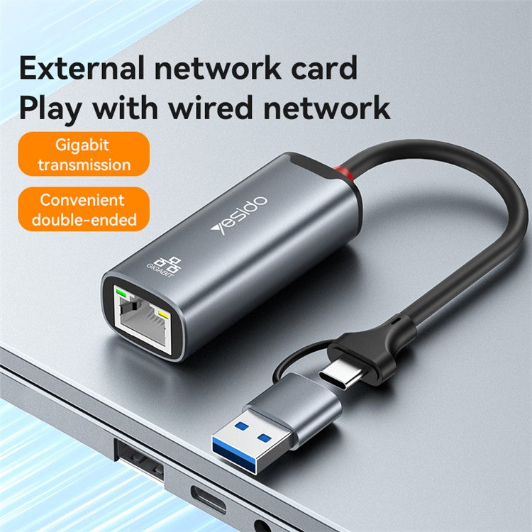 YESIDO HB26 USB+Type-C 2-in-1 Gigabit Ethernet Converter for PC / Mobile Phone / Tablet