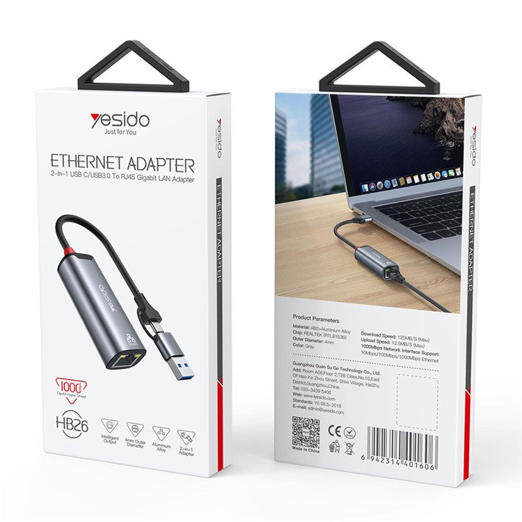 YESIDO HB26 USB+Type-C 2-in-1 Gigabit Ethernet Converter for PC / Mobile Phone / Tablet