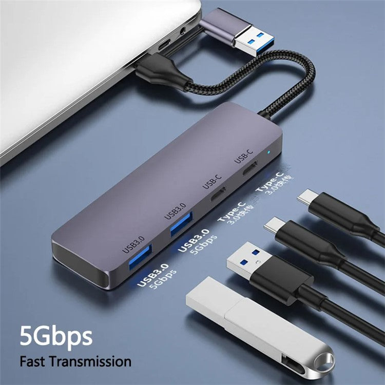 T-32C USB 3.0 + Type-C 4-port Hub Aluminum Alloy Docking Station with 2-in-1 Cable