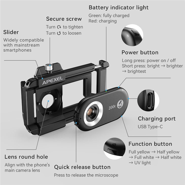 APEXEL APL-MS3IN1 Mobile Phone Holder Clip 100x / 150x / 200x 3-in-1 Magnification Microscope with CPL Filter