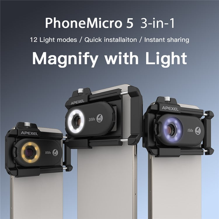 APEXEL APL-MS3IN1 Mobile Phone Holder Clip 100x / 150x / 200x 3-in-1 Magnification Microscope with CPL Filter