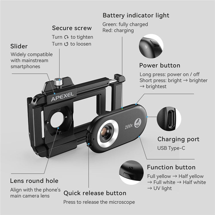 APEXEL APL-MS200 Mobile Phone Holder Clip 200x Magnification Microscope with CPL Filter