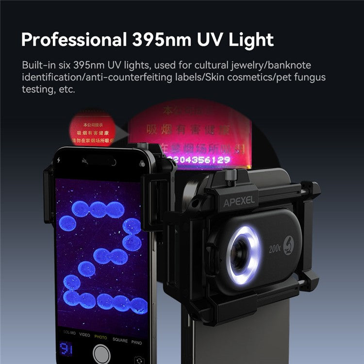 APEXEL APL-MS200 Mobile Phone Holder Clip 200x Magnification Microscope with CPL Filter