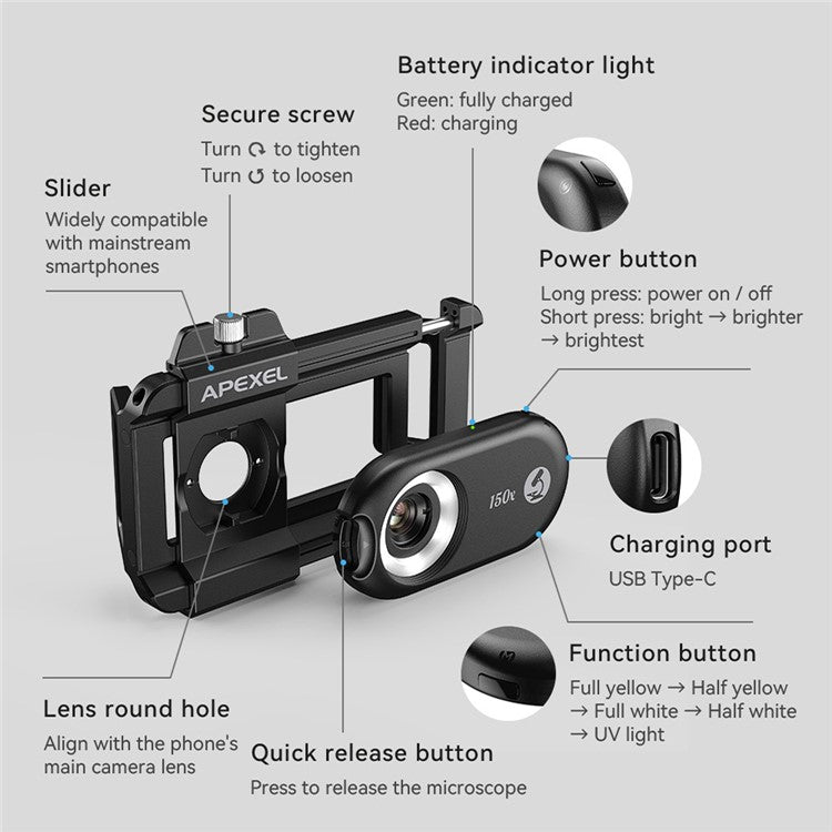 APEXEL APL-MS150 Mobile Phone Holder Clip 150x Magnification Microscope with CPL Filter