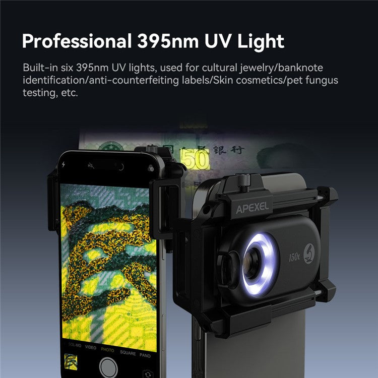 APEXEL APL-MS150 Mobile Phone Holder Clip 150x Magnification Microscope with CPL Filter