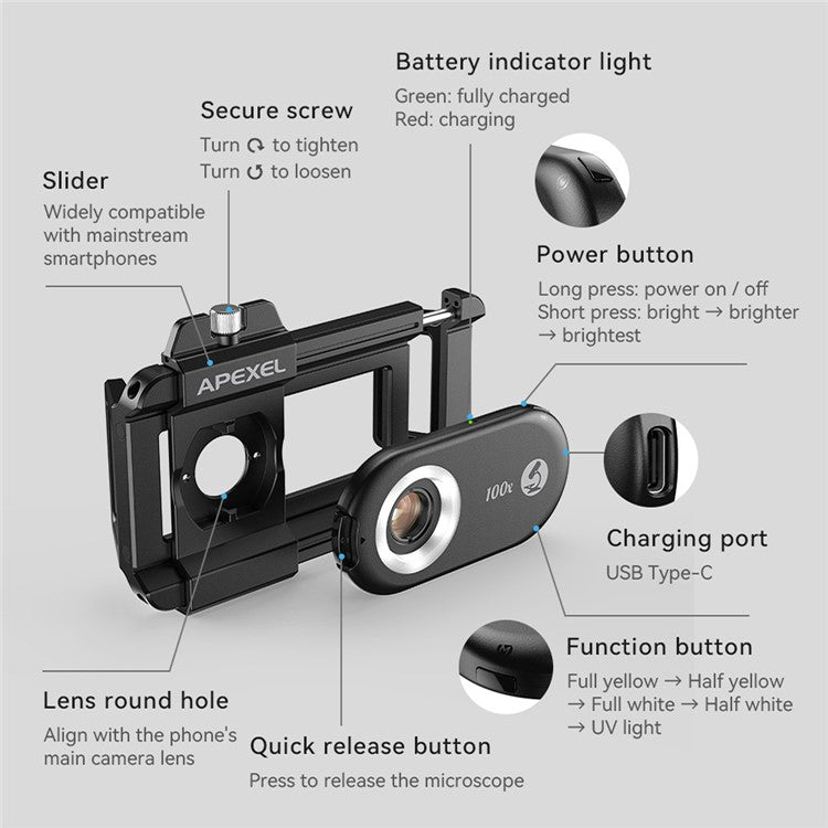 APEXEL APL-MS100 Mobile Phone Holder Clip 100x Magnification Microscope with CPL Filter