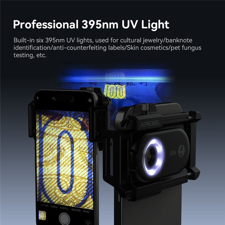 APEXEL APL-MS100 Mobile Phone Holder Clip 100x Magnification Microscope with CPL Filter