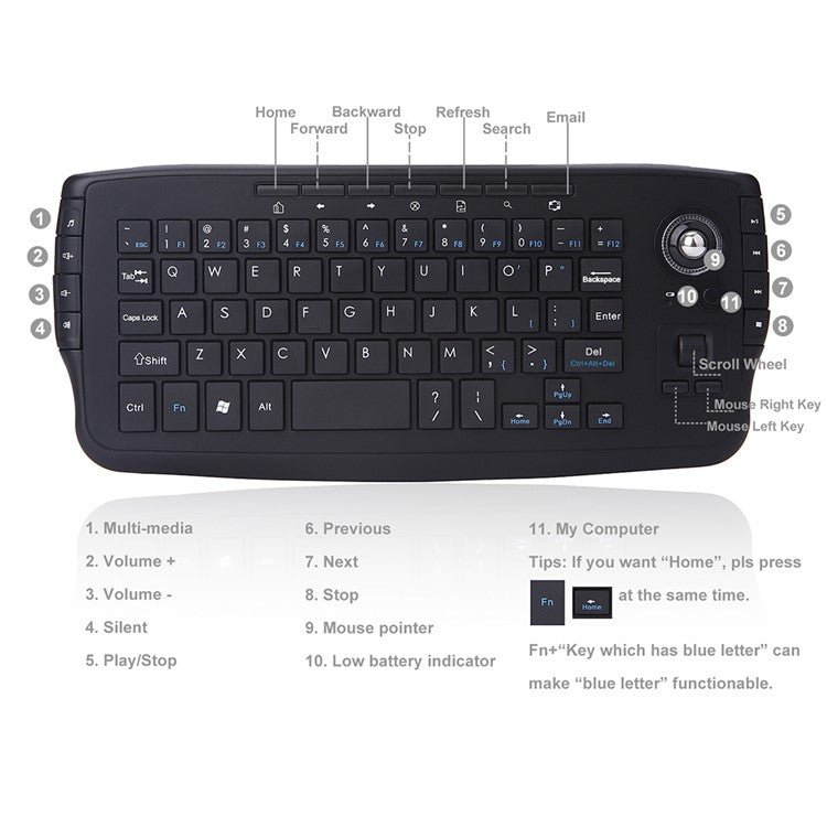 2.4G Wireless Keyboard Multimedia 1200DPI Trackball Air Mouse for Laptop PC - Black