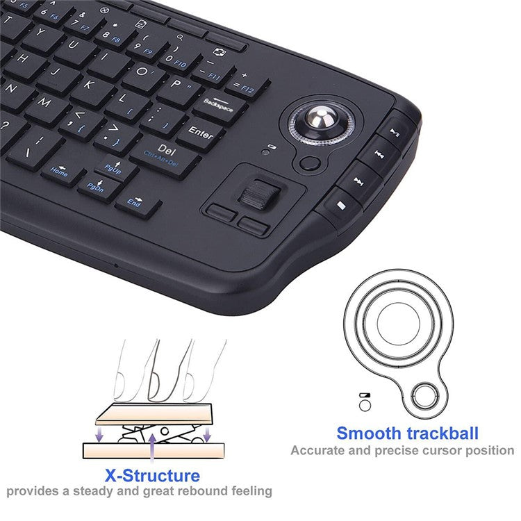 2.4G Wireless Keyboard Multimedia 1200DPI Trackball Air Mouse for Laptop PC - Black