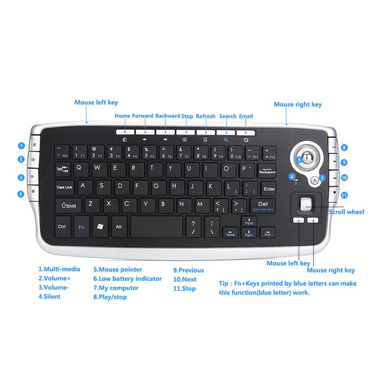 2.4G Wireless Keyboard Multimedia 1200DPI Trackball Air Mouse for Laptop PC - Silver