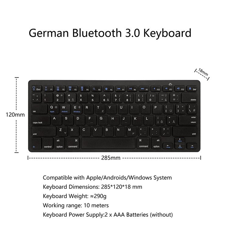 X5 Lightweight Ultra-thin Bluetooth Keyboard Portable Wireless Keyboard for Apple/Android OS (German) - Black