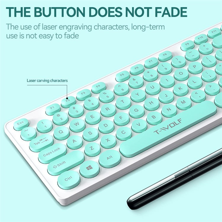 T-WOLF TF770 Wireless Keyboard and Mouse Combo 104 Key Low-Noise Keyboard with Cute Keycaps - Baby Blue