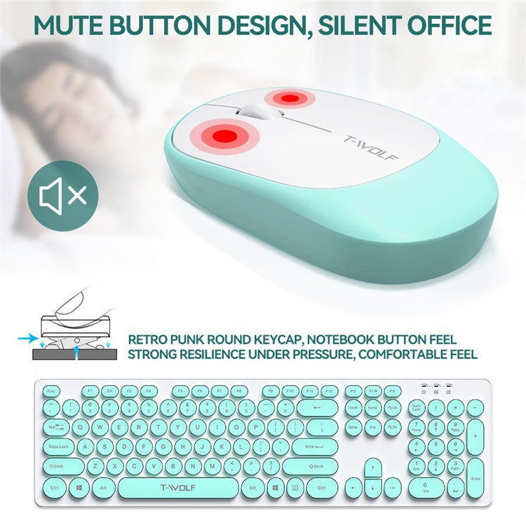 T-WOLF TF770 Wireless Keyboard and Mouse Combo 104 Key Low-Noise Keyboard with Cute Keycaps - Pink