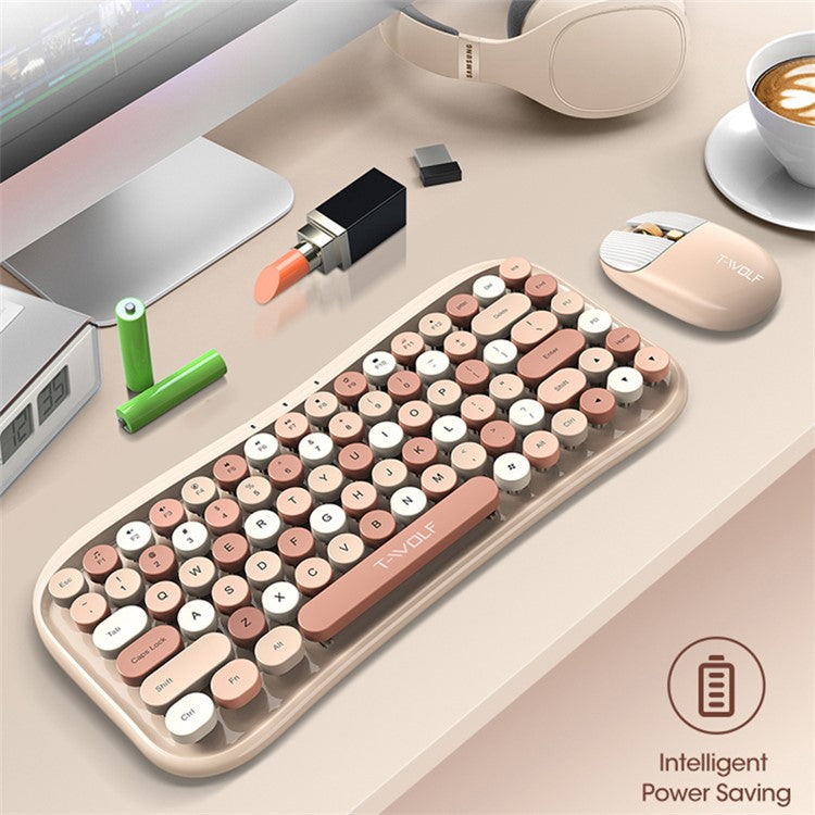 T-WOLF TF660 Bluetooth5.0 / 2.4G Dual Mode Wireless Keyboard Mouse Set Round Keycap Keyboard - Pink